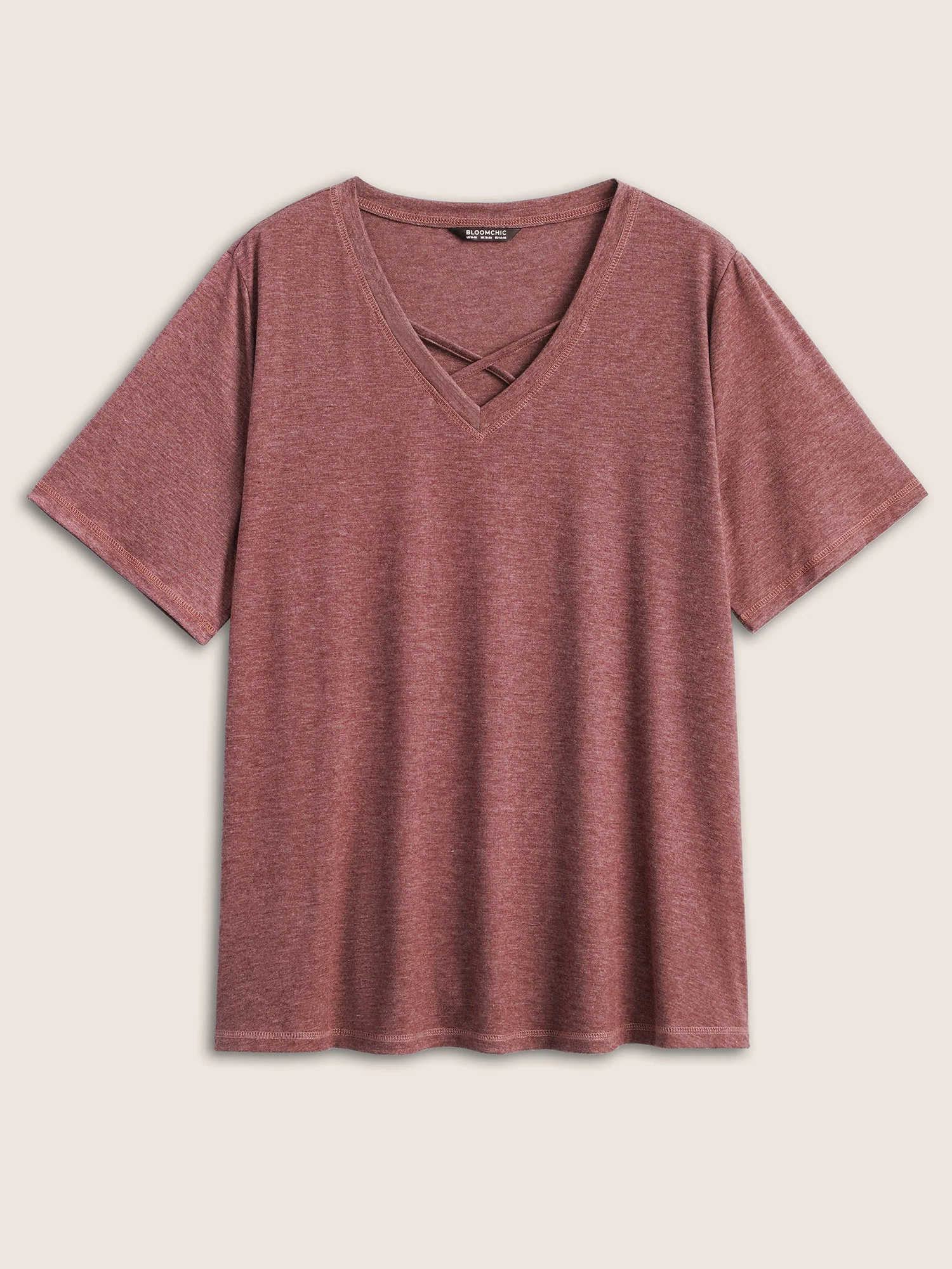 Solid Crisscross Neck Contrast Stitch T-shirt - Image 36