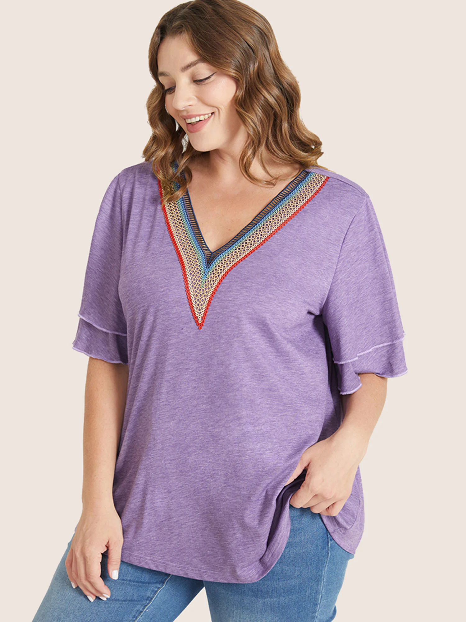 Solid Crochet Lace Ruffle Tiered Sleeve V Neck T-shirt - Image 11