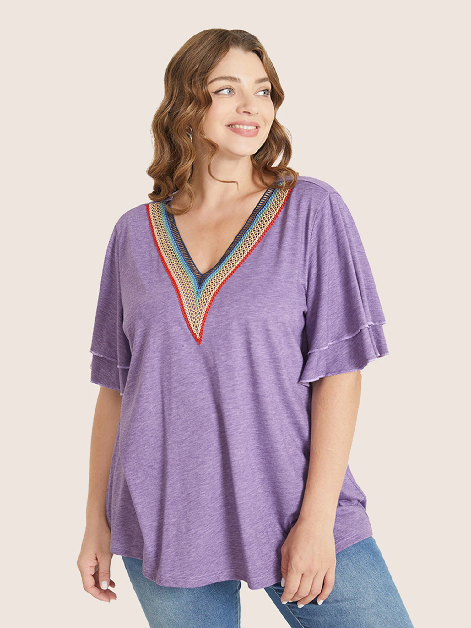 Solid Crochet Lace Ruffle Tiered Sleeve V Neck T-shirt - Image 12