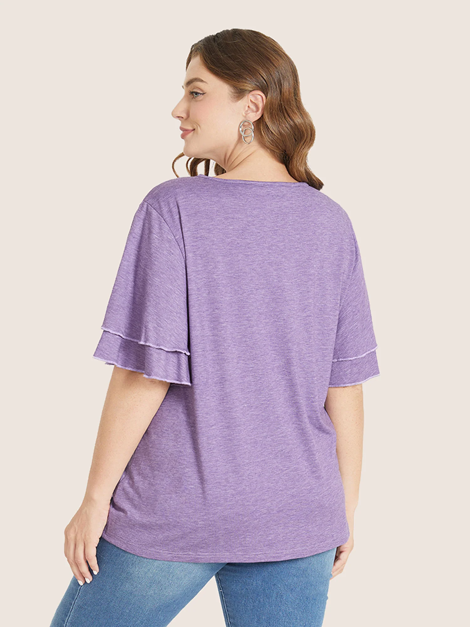 Solid Crochet Lace Ruffle Tiered Sleeve V Neck T-shirt - Image 13