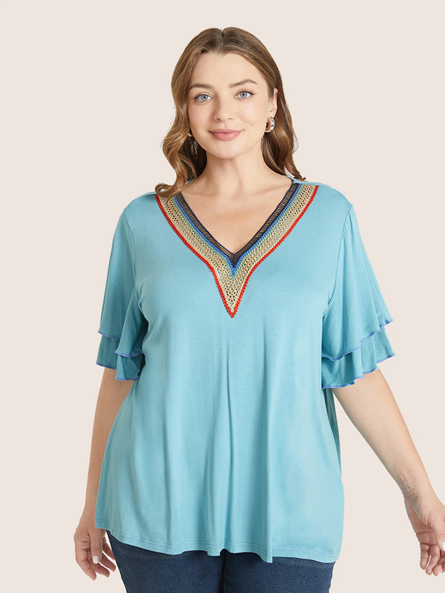 Solid Crochet Lace Ruffle Tiered Sleeve V Neck T-shirt - Image 14