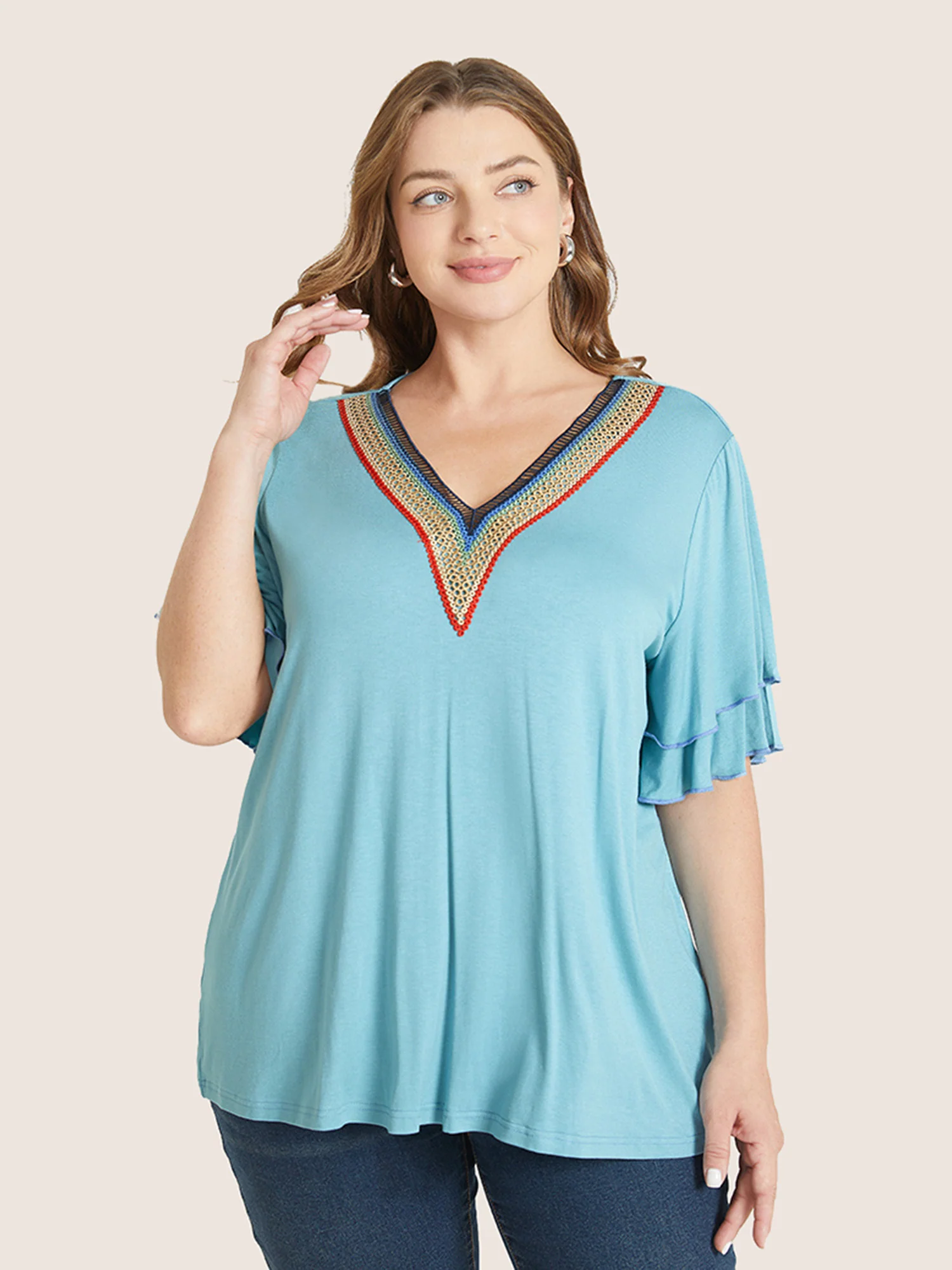 Solid Crochet Lace Ruffle Tiered Sleeve V Neck T-shirt - Image 15