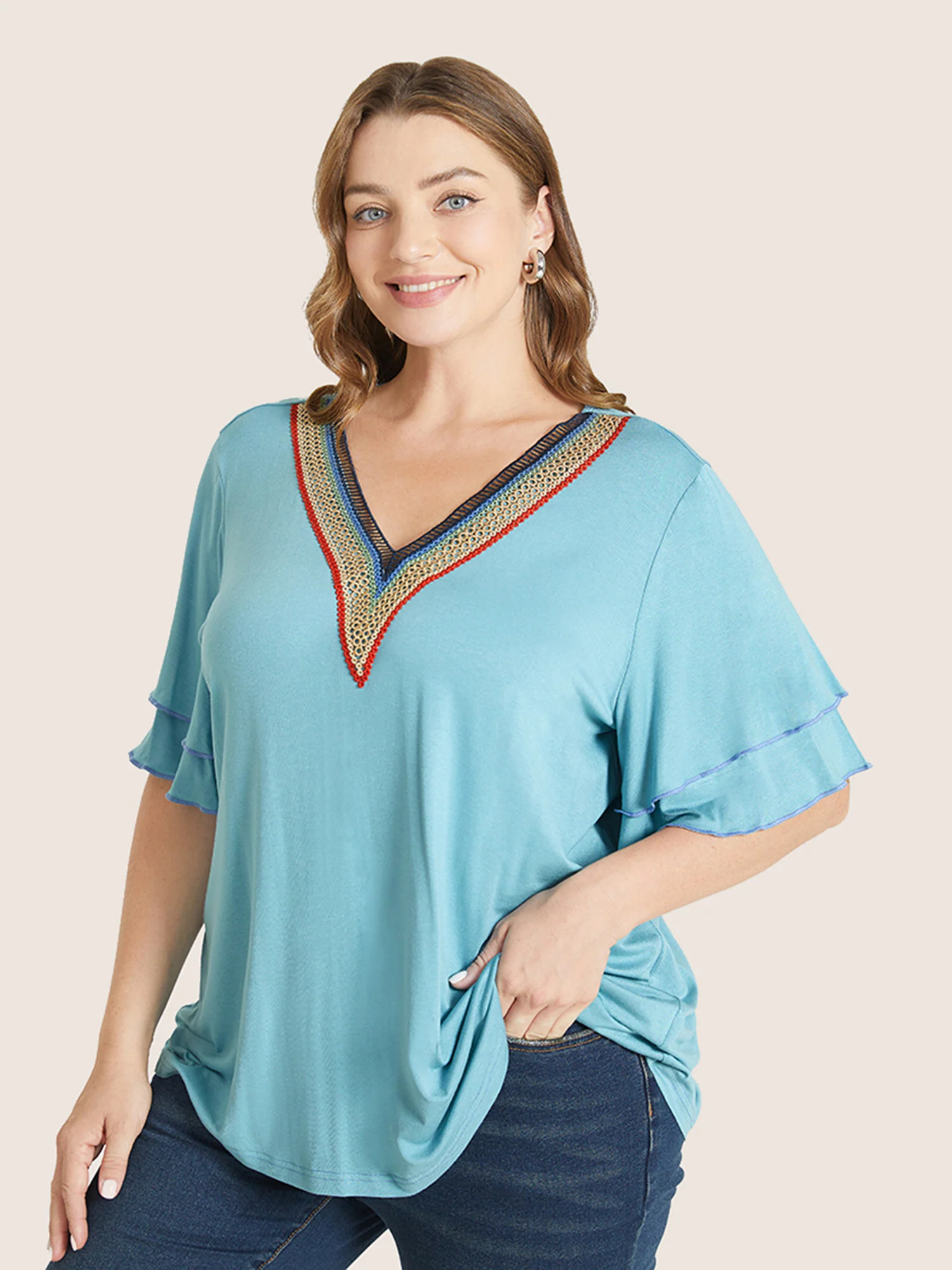 Solid Crochet Lace Ruffle Tiered Sleeve V Neck T-shirt - Image 16