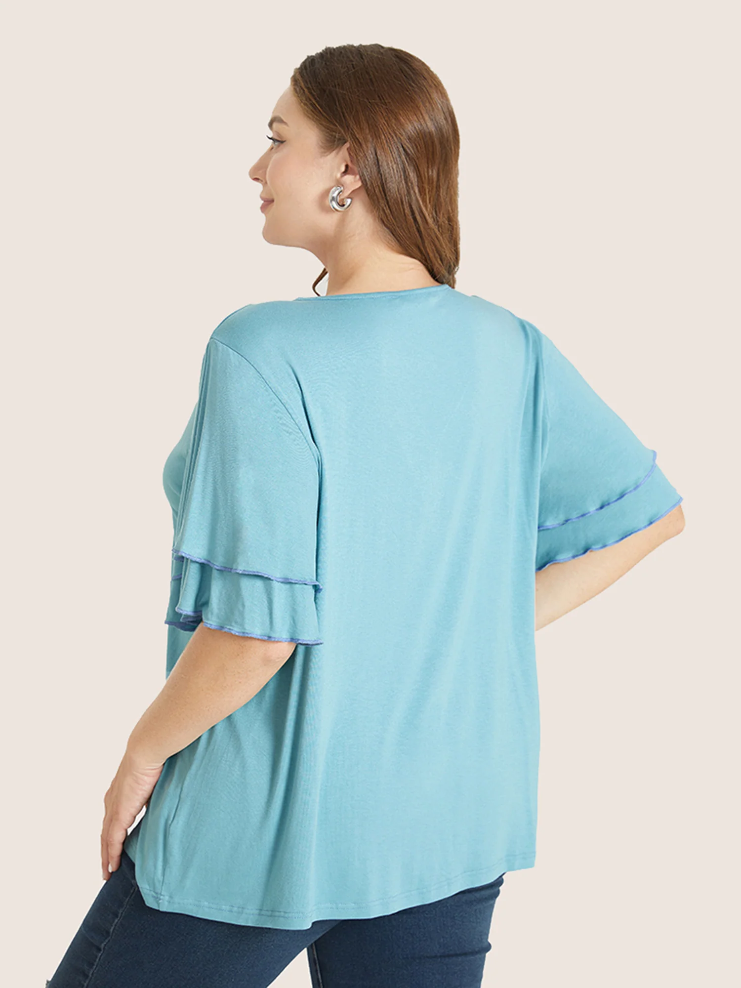 Solid Crochet Lace Ruffle Tiered Sleeve V Neck T-shirt - Image 17