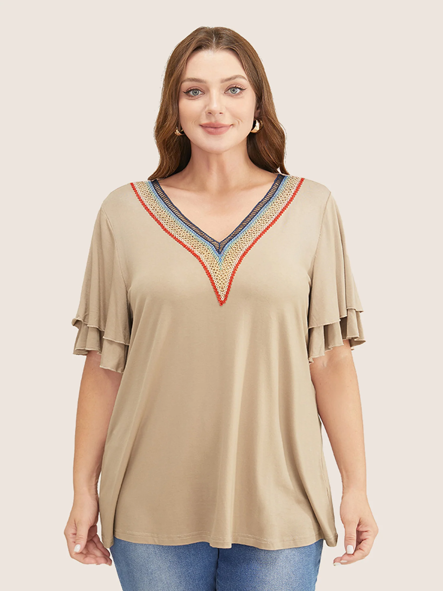 Solid Crochet Lace Ruffle Tiered Sleeve V Neck T-shirt - Image 18