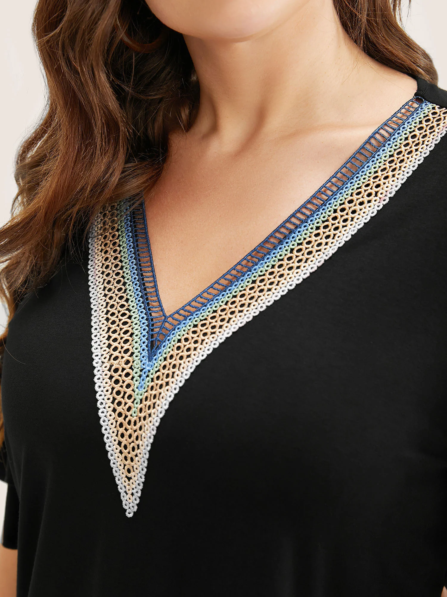 Solid Crochet Lace Ruffle Tiered Sleeve V Neck T-shirt - Image 3