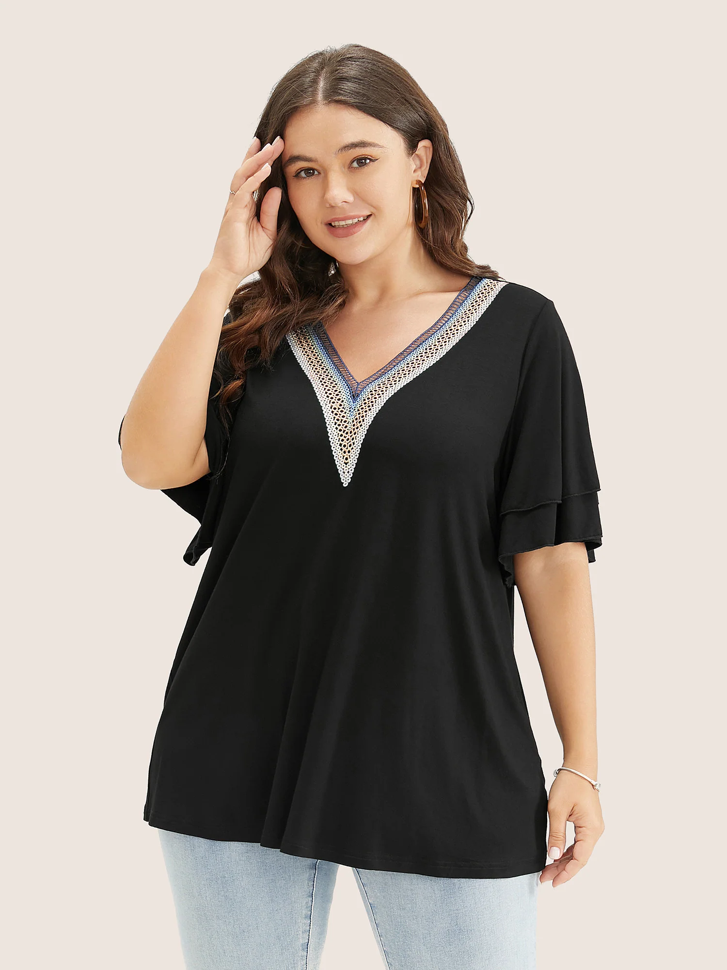 Solid Crochet Lace Ruffle Tiered Sleeve V Neck T-shirt - Image 5