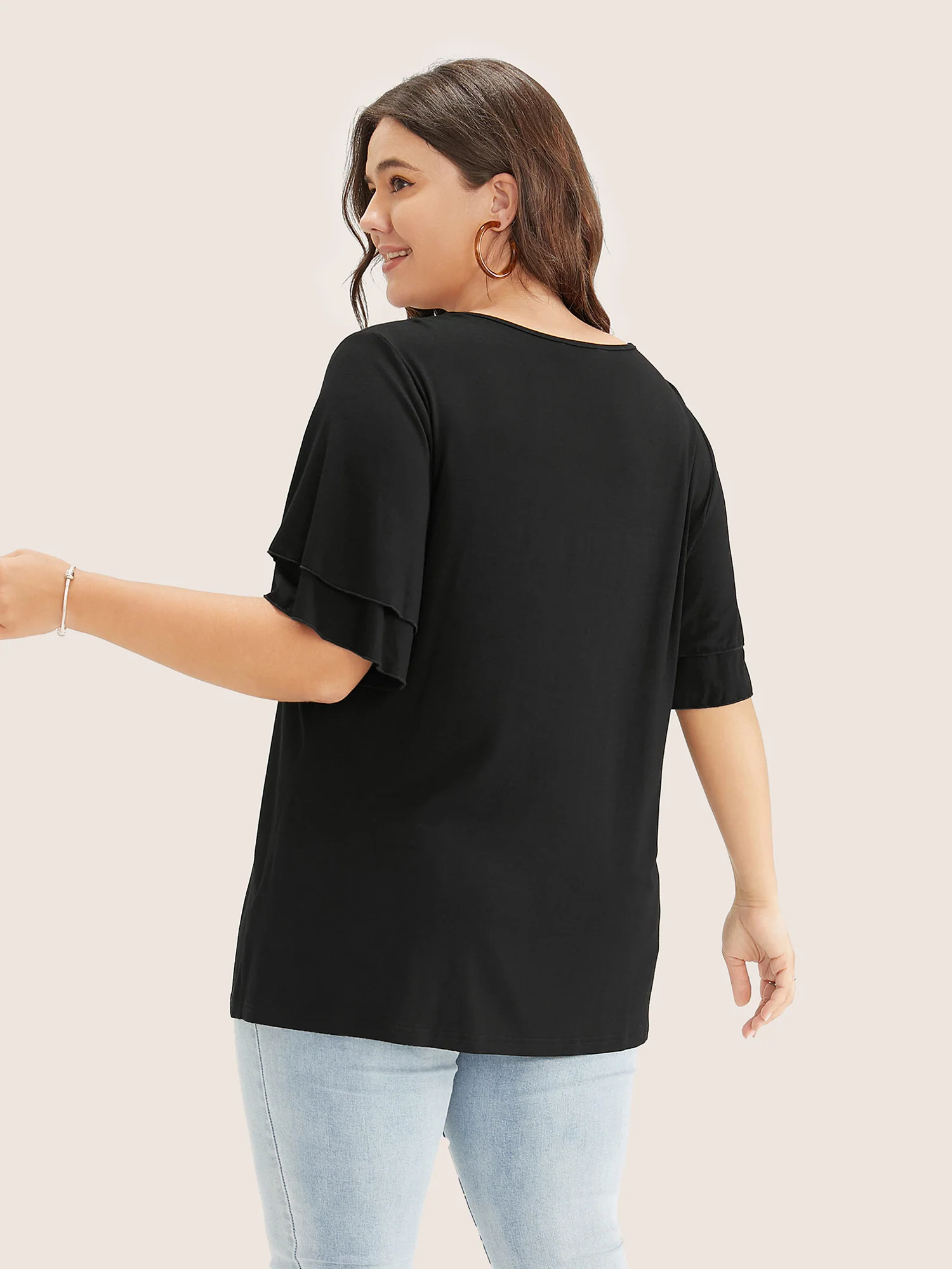 Solid Crochet Lace Ruffle Tiered Sleeve V Neck T-shirt - Image 7