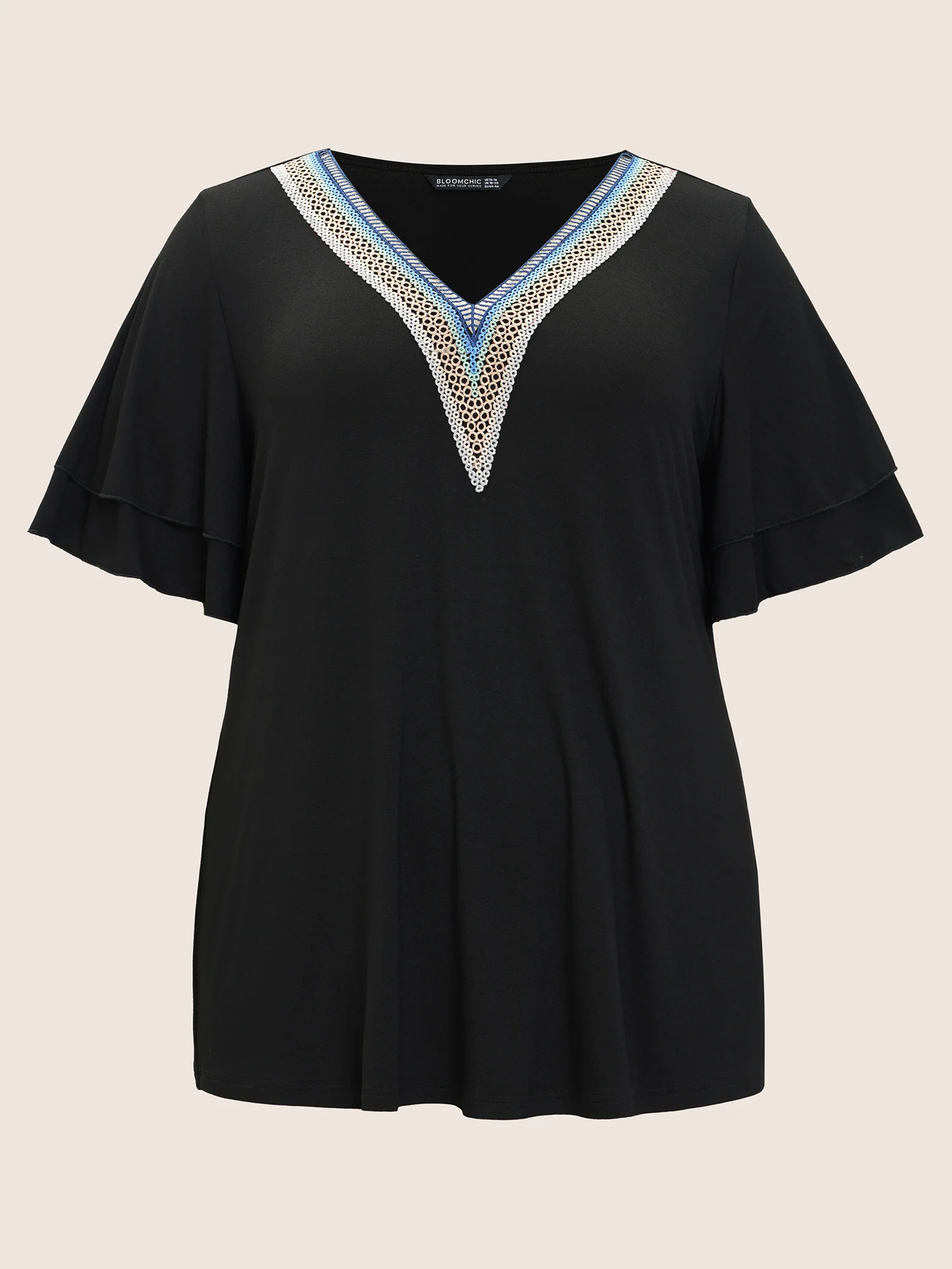 Solid Crochet Lace Ruffle Tiered Sleeve V Neck T-shirt - Image 9