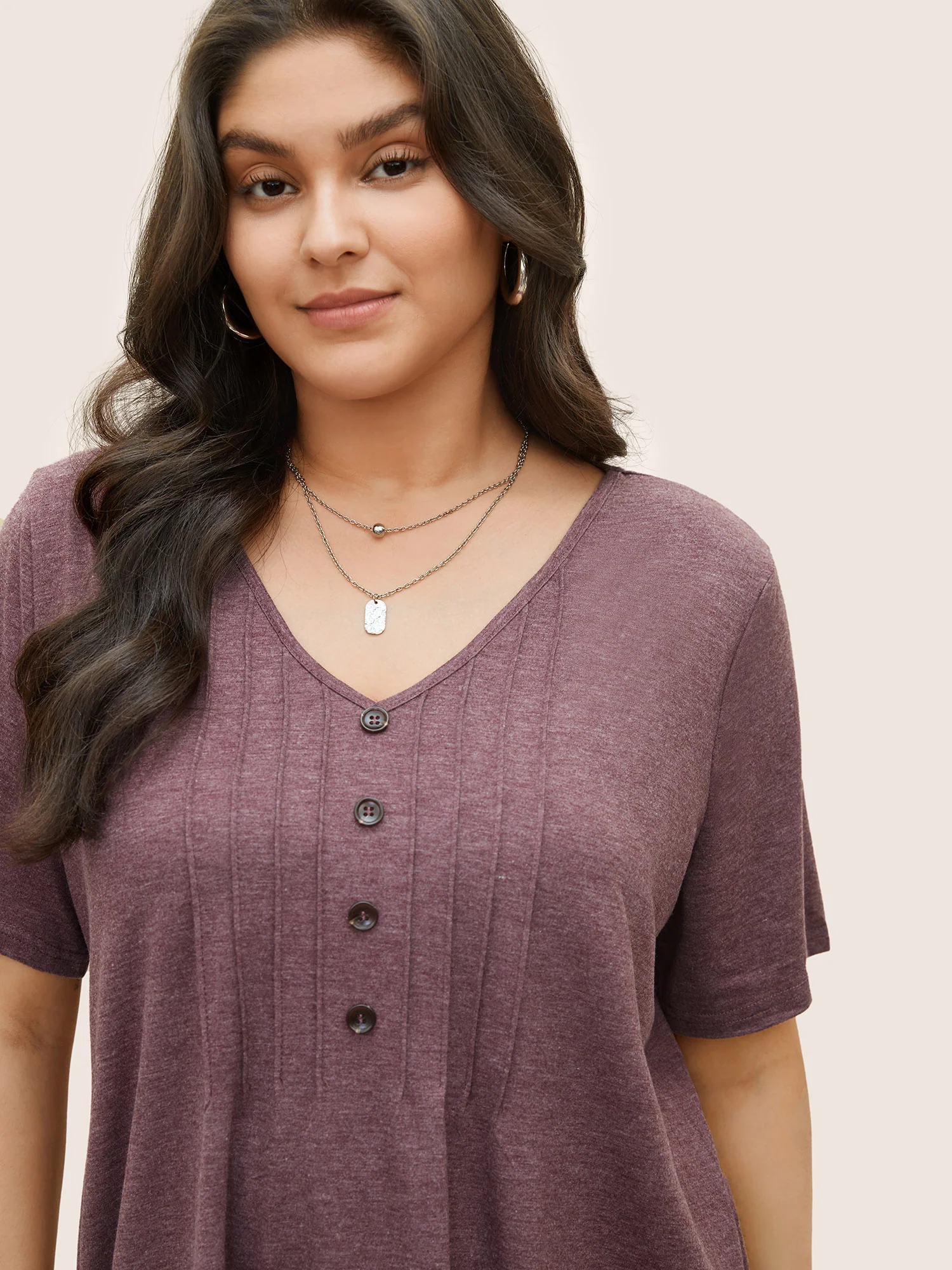 Solid Pleated Front Button Detail V Neck T-shirt - Image 11