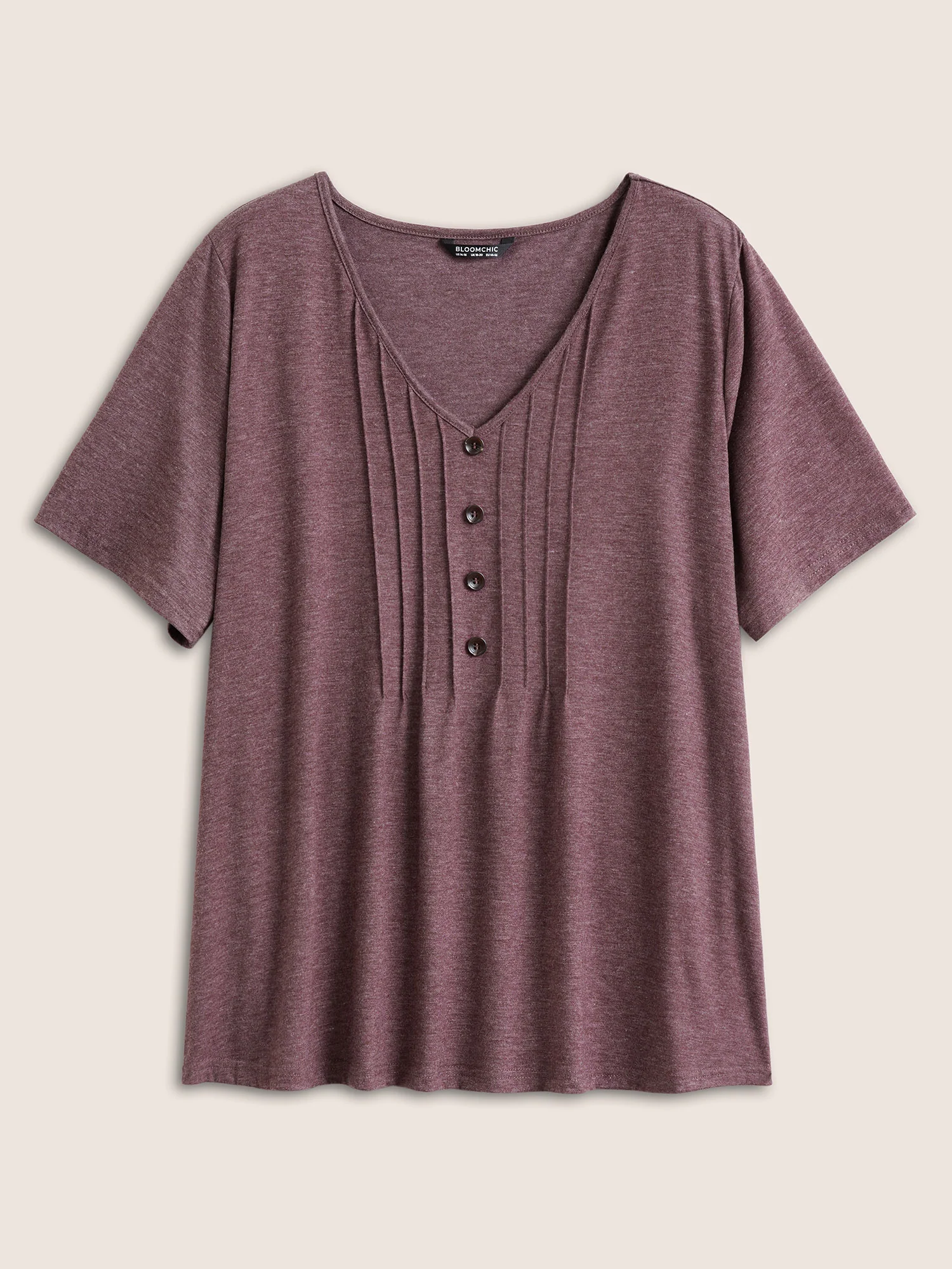 Solid Pleated Front Button Detail V Neck T-shirt - Image 14