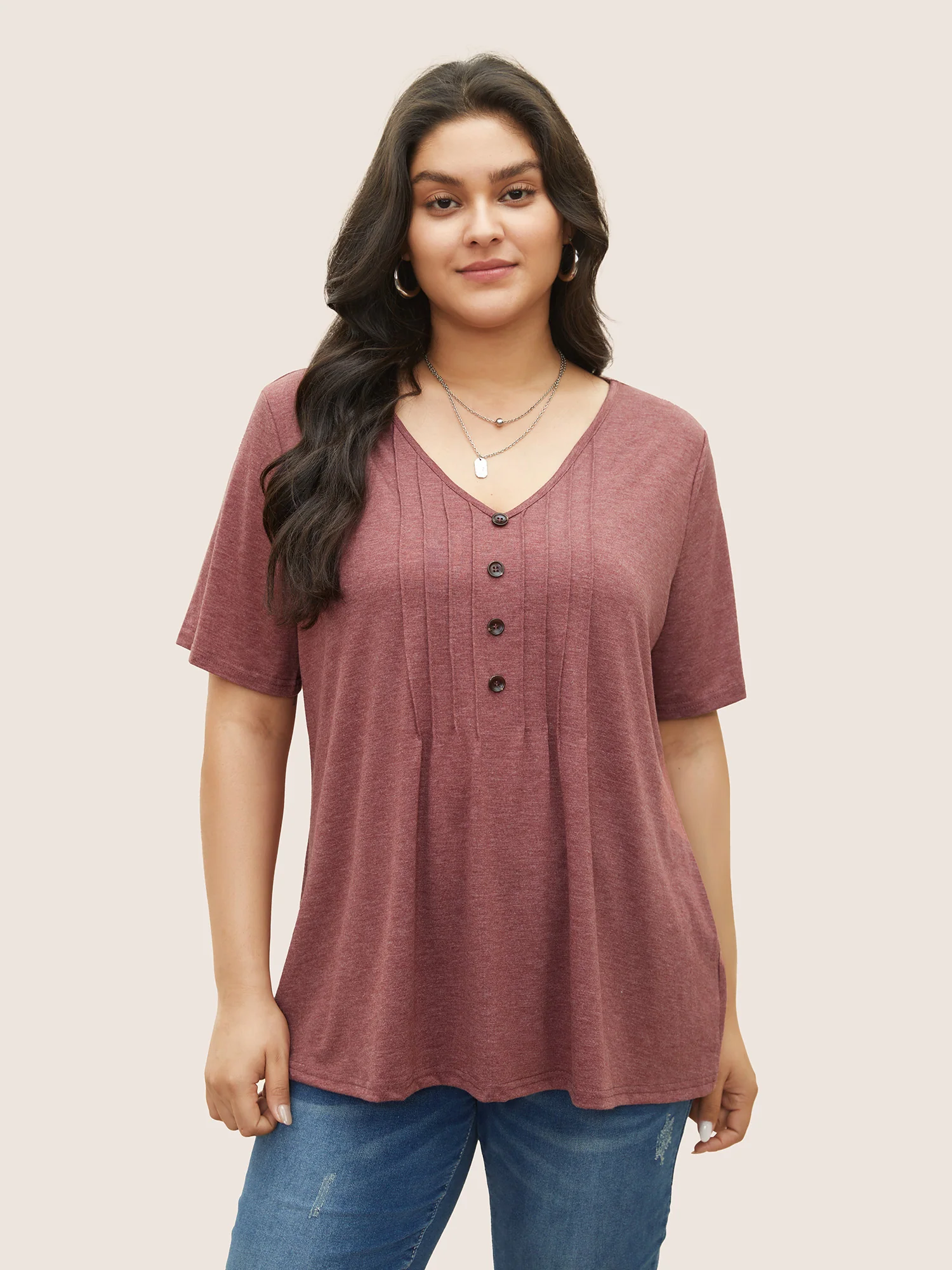 Solid Pleated Front Button Detail V Neck T-shirt - Image 15
