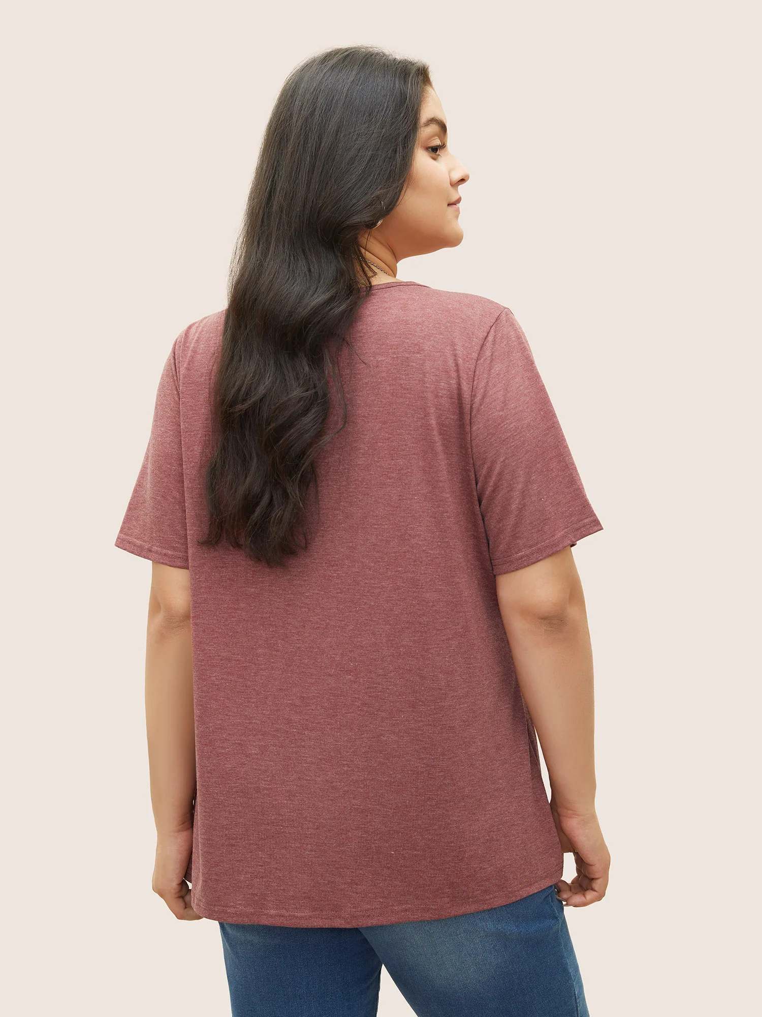 Solid Pleated Front Button Detail V Neck T-shirt - Image 16