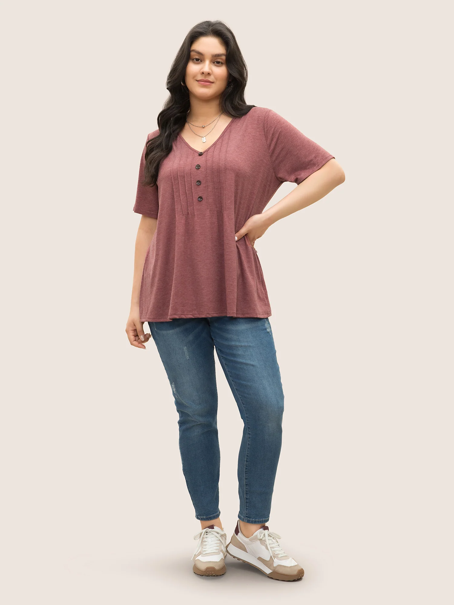 Solid Pleated Front Button Detail V Neck T-shirt - Image 17