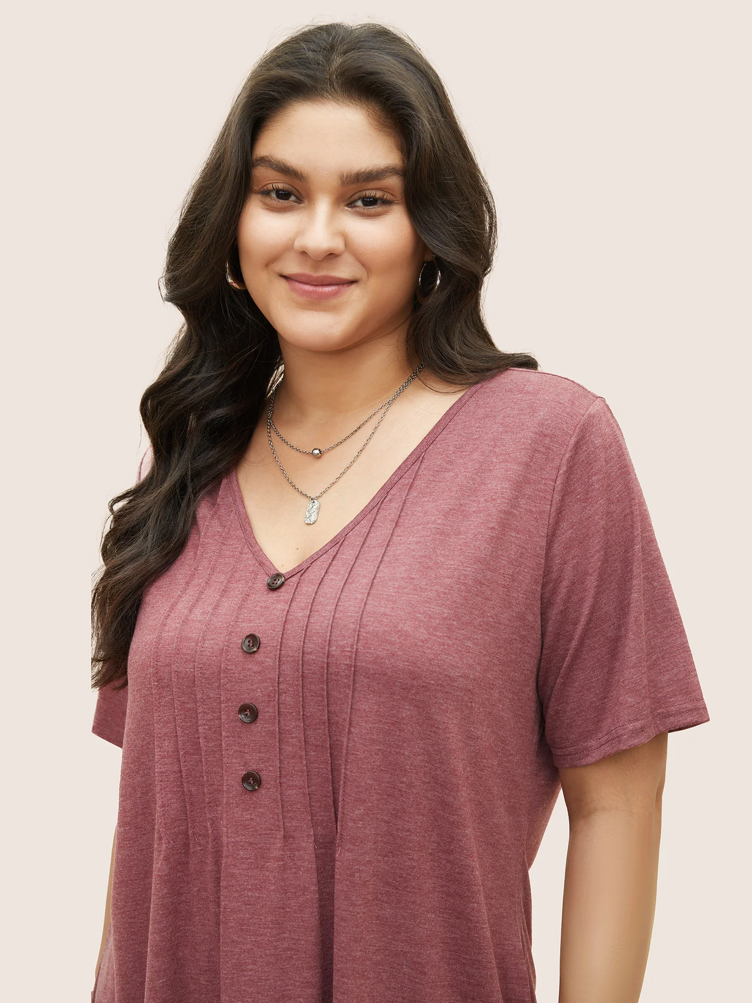 Solid Pleated Front Button Detail V Neck T-shirt - Image 18