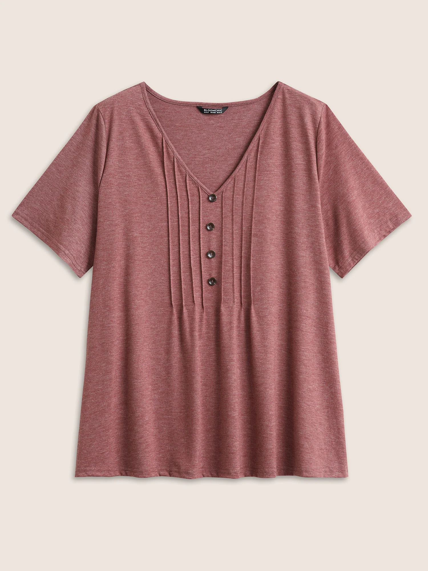 Solid Pleated Front Button Detail V Neck T-shirt - Image 21