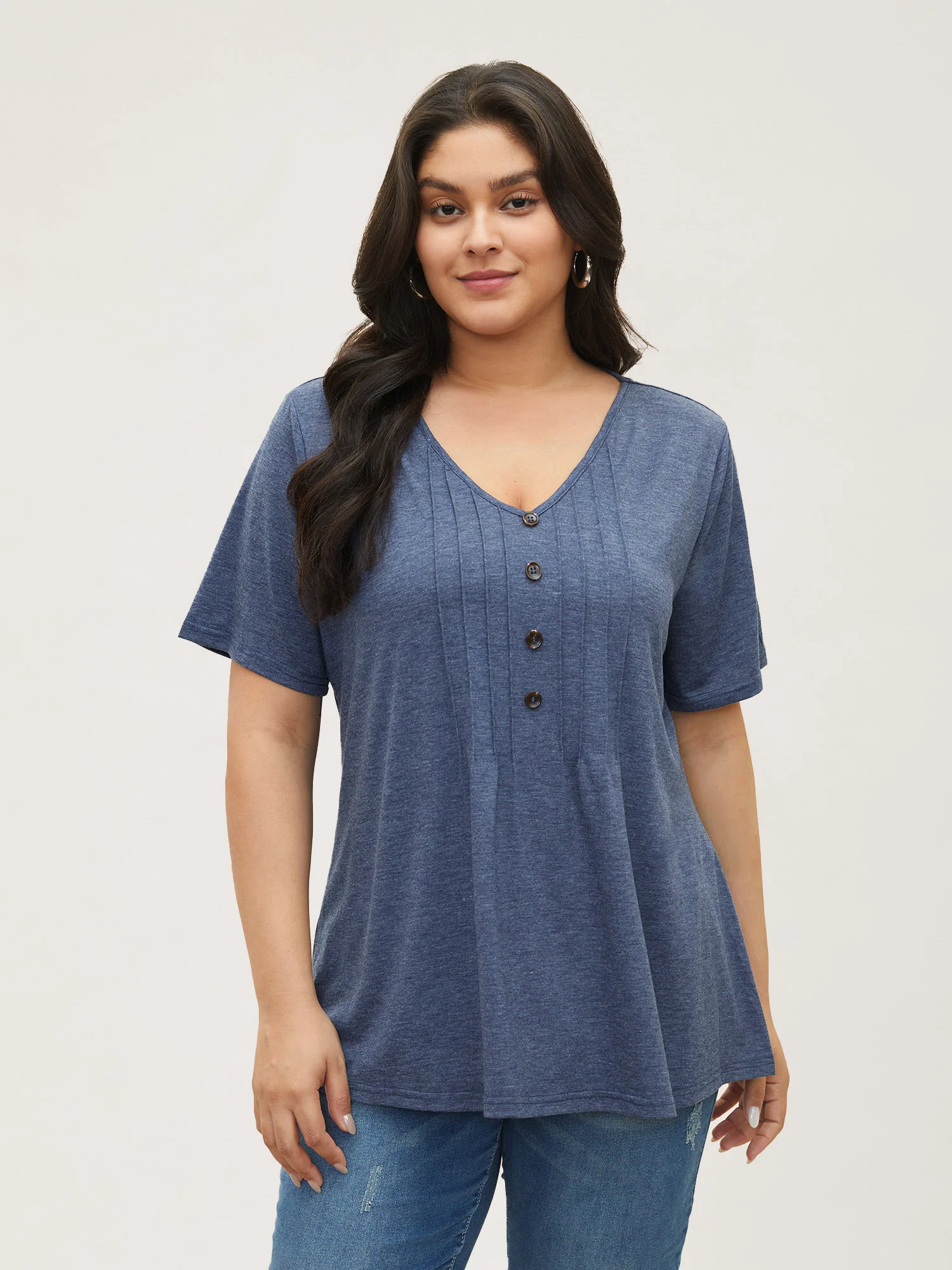 Solid Pleated Front Button Detail V Neck T-shirt - Image 22