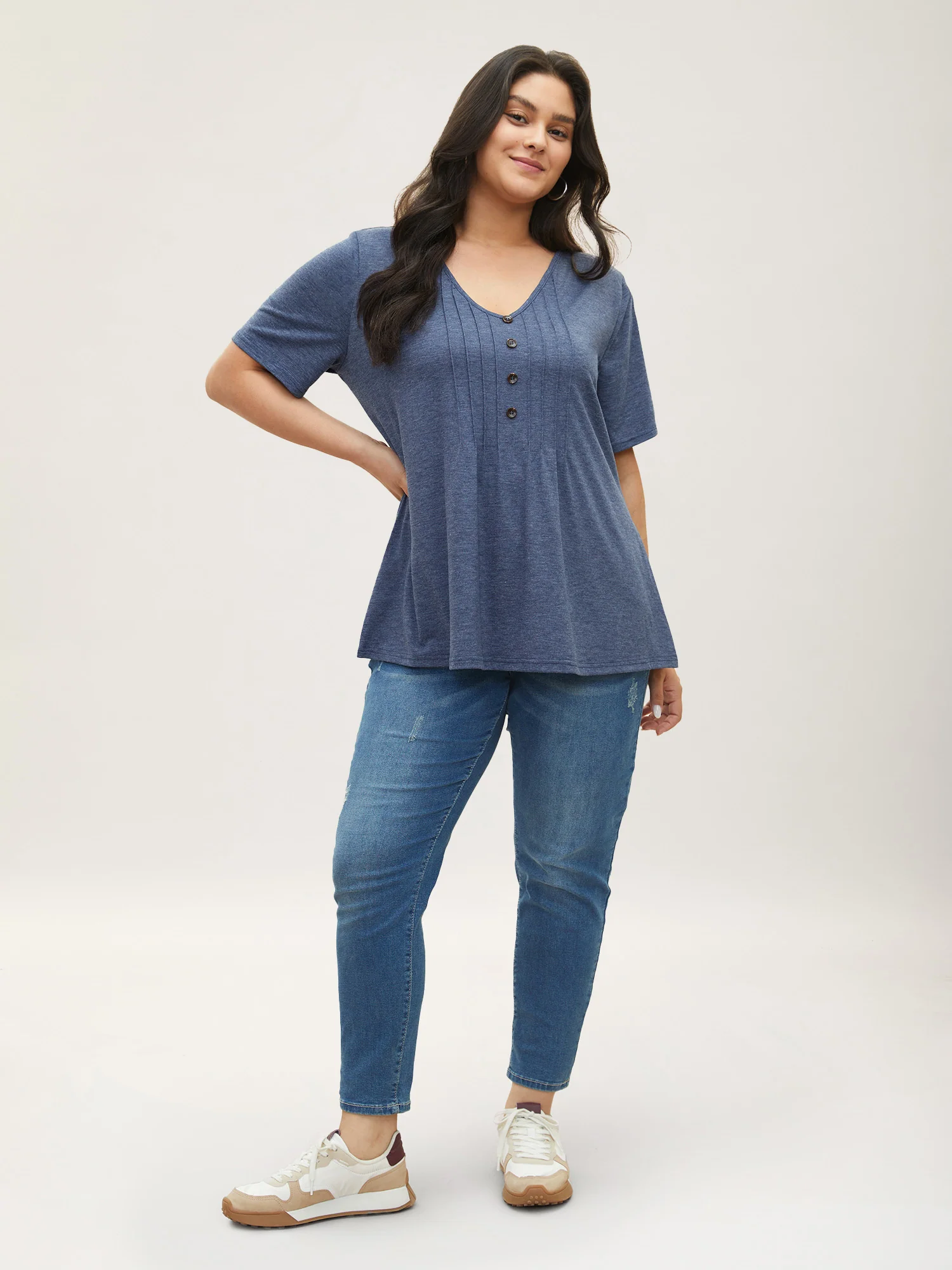 Solid Pleated Front Button Detail V Neck T-shirt - Image 24