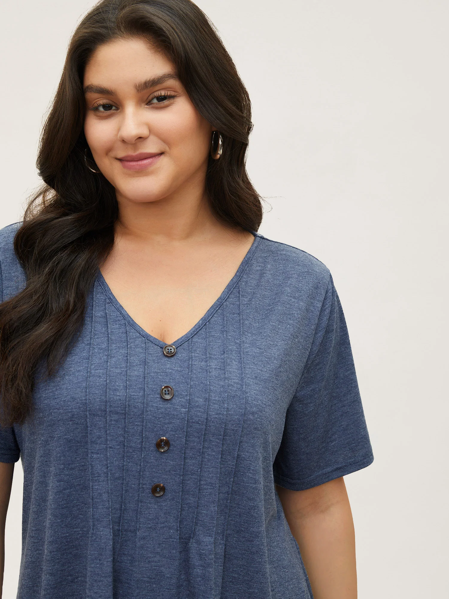 Solid Pleated Front Button Detail V Neck T-shirt - Image 25