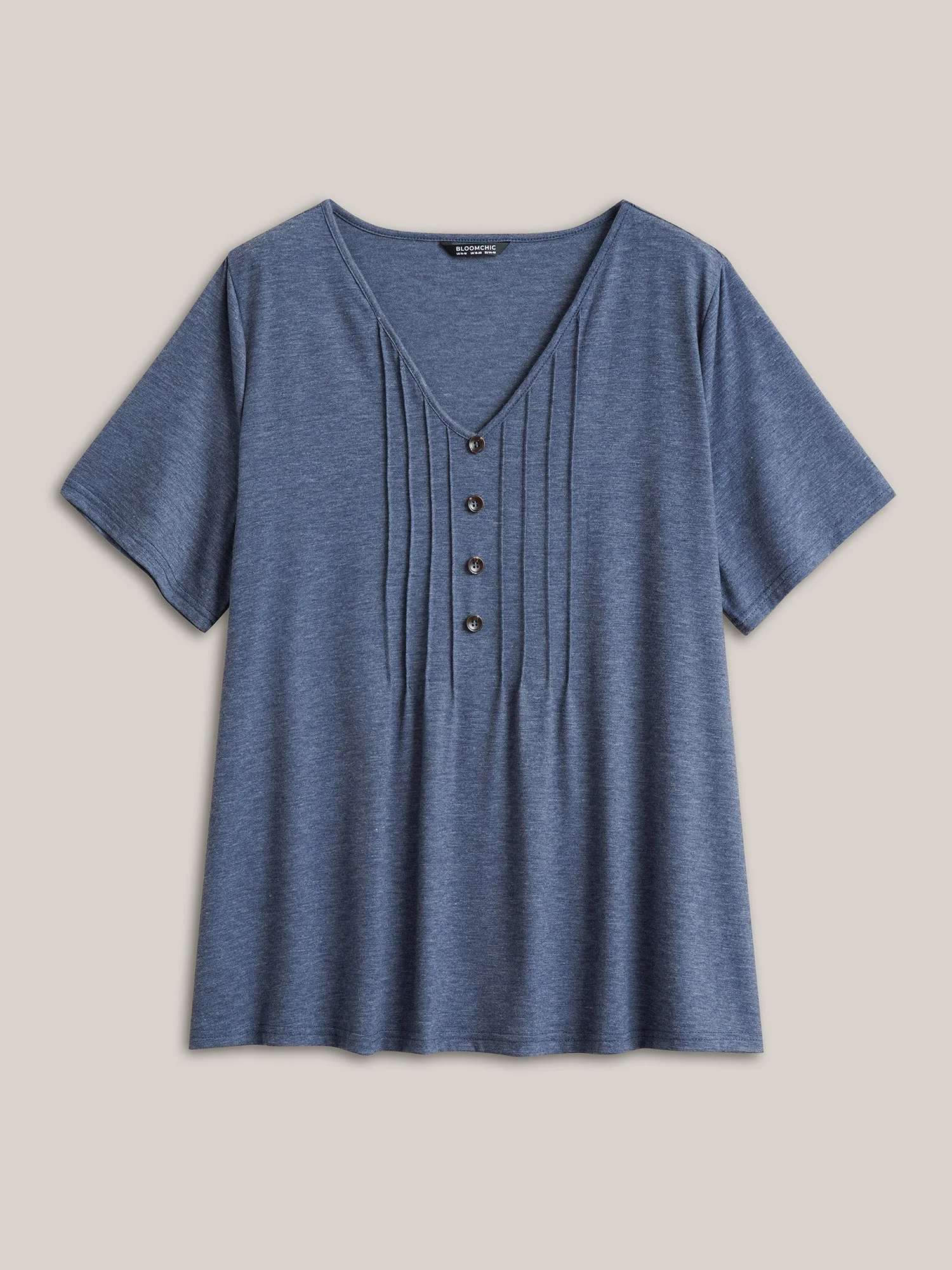 Solid Pleated Front Button Detail V Neck T-shirt - Image 28