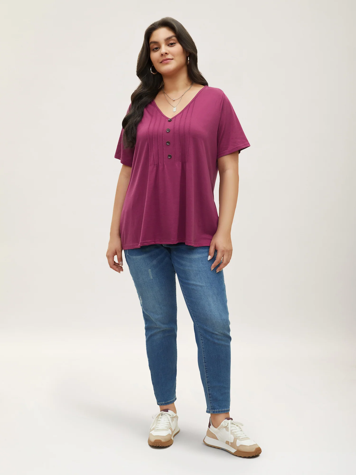 Solid Pleated Front Button Detail V Neck T-shirt - Image 3