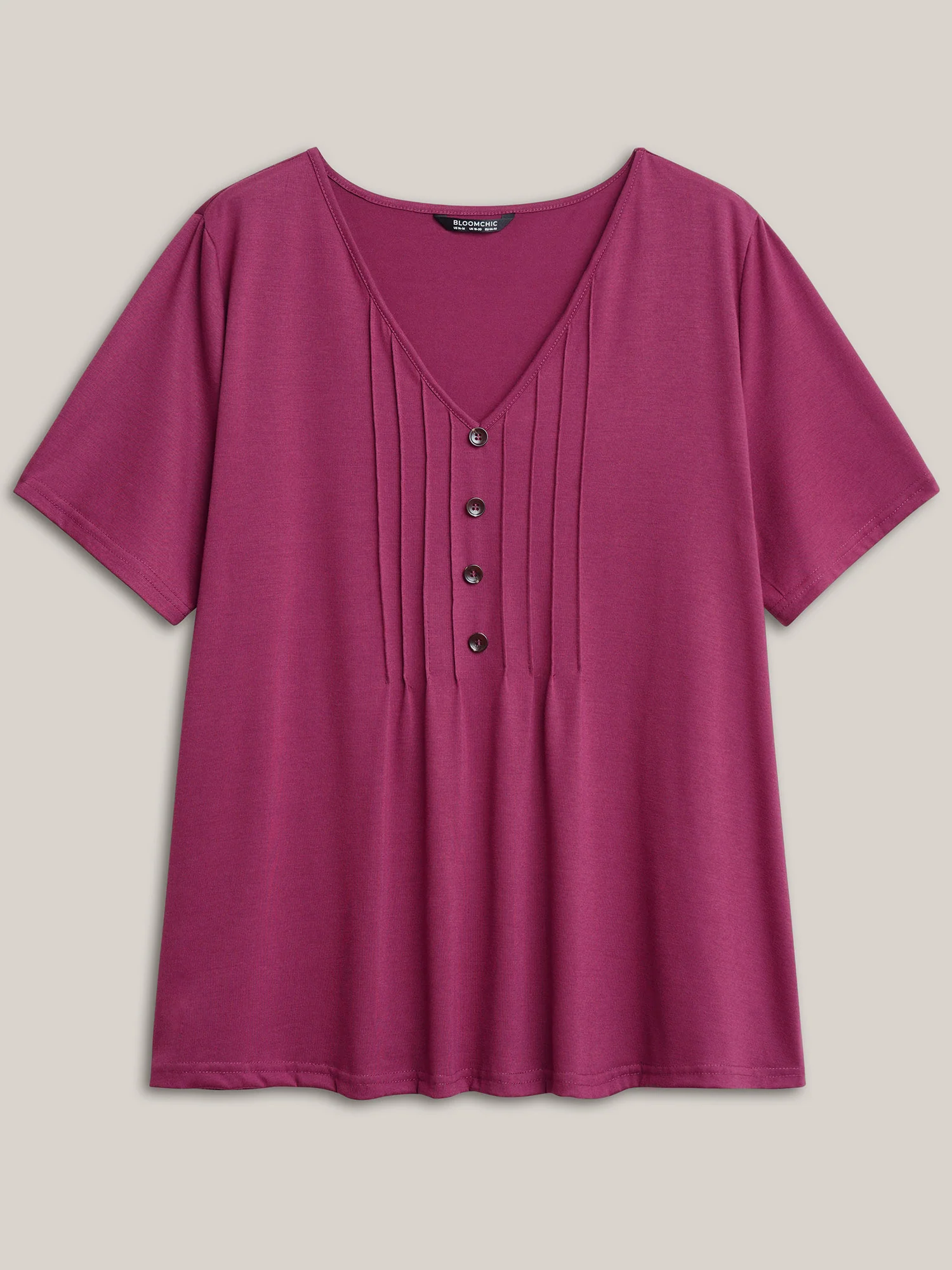 Solid Pleated Front Button Detail V Neck T-shirt - Image 7