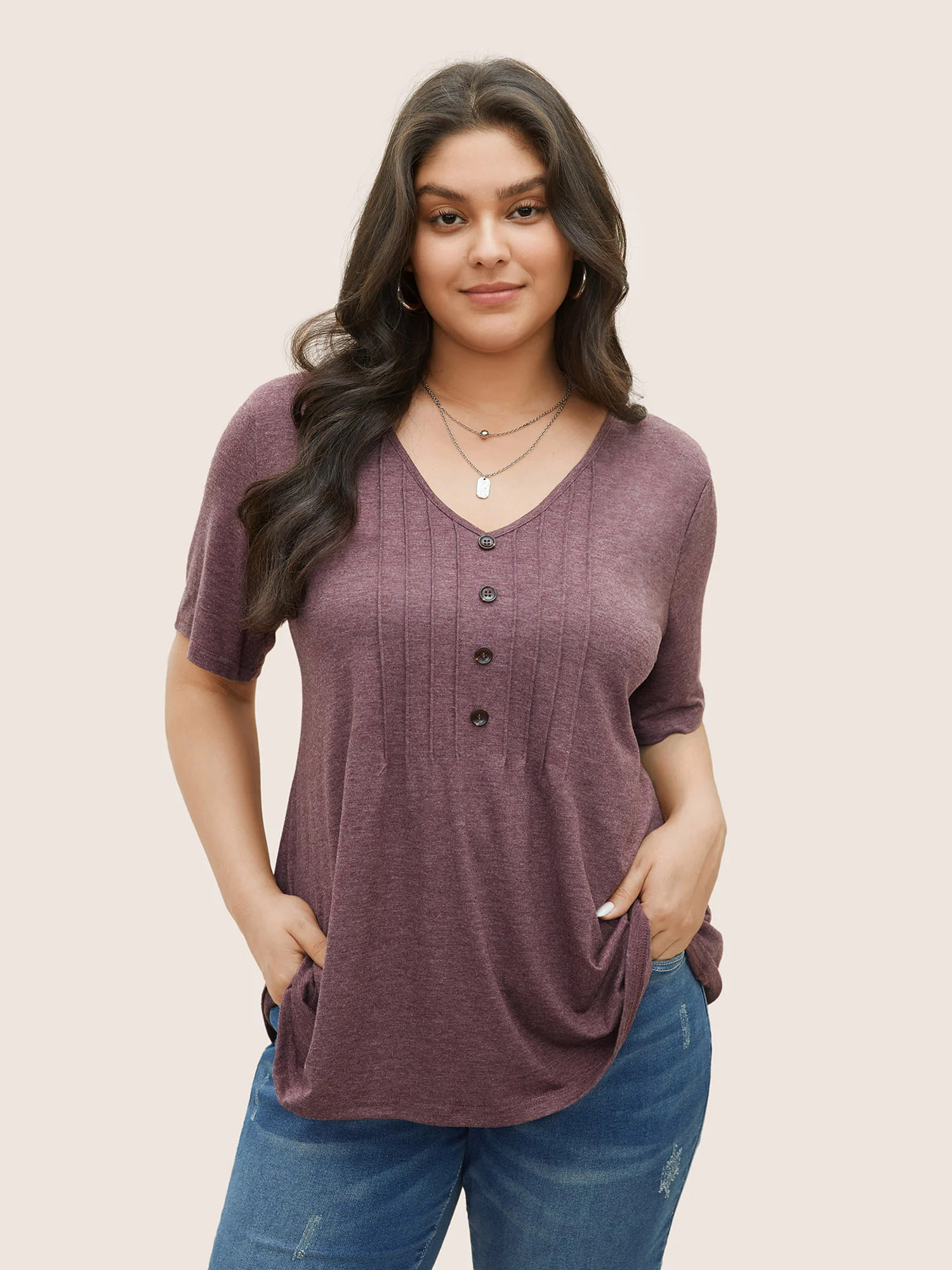 Solid Pleated Front Button Detail V Neck T-shirt - Image 8