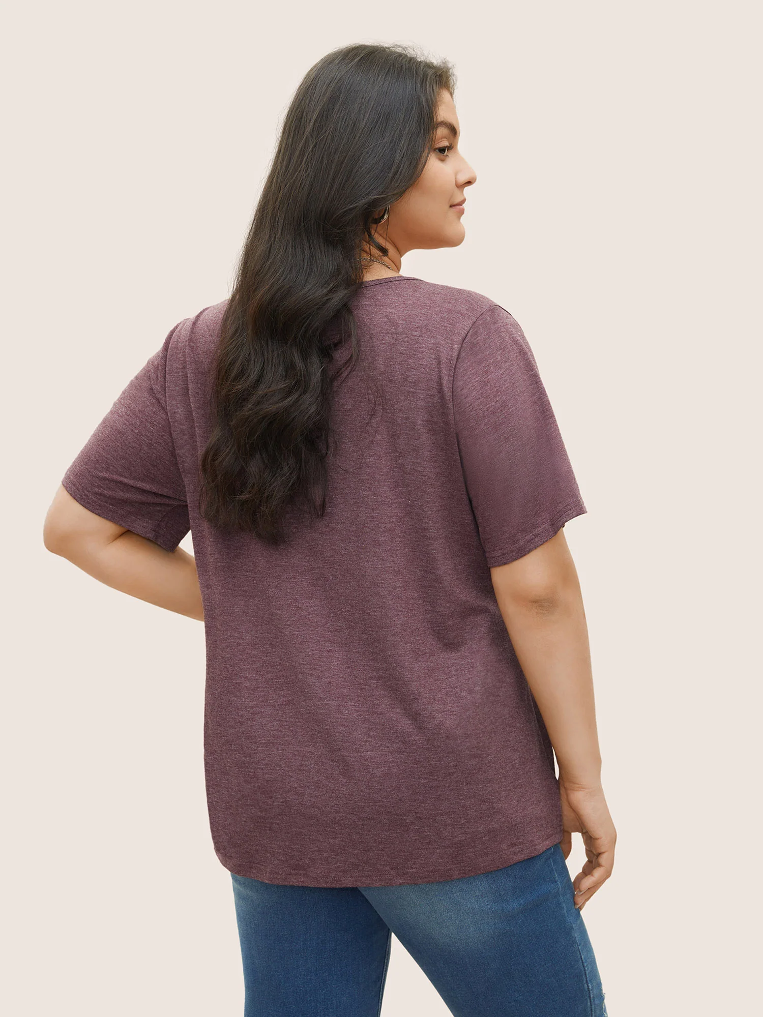 Solid Pleated Front Button Detail V Neck T-shirt - Image 9