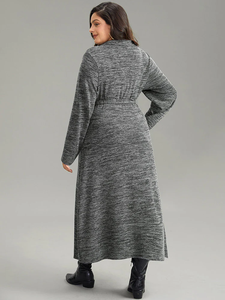 Solid Pocket Elastic Waist Ties Split Hem Dress - Image 3