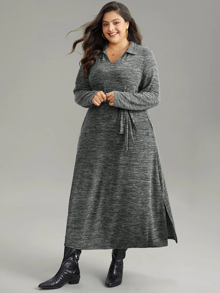 Solid Pocket Elastic Waist Ties Split Hem Dress - Image 4