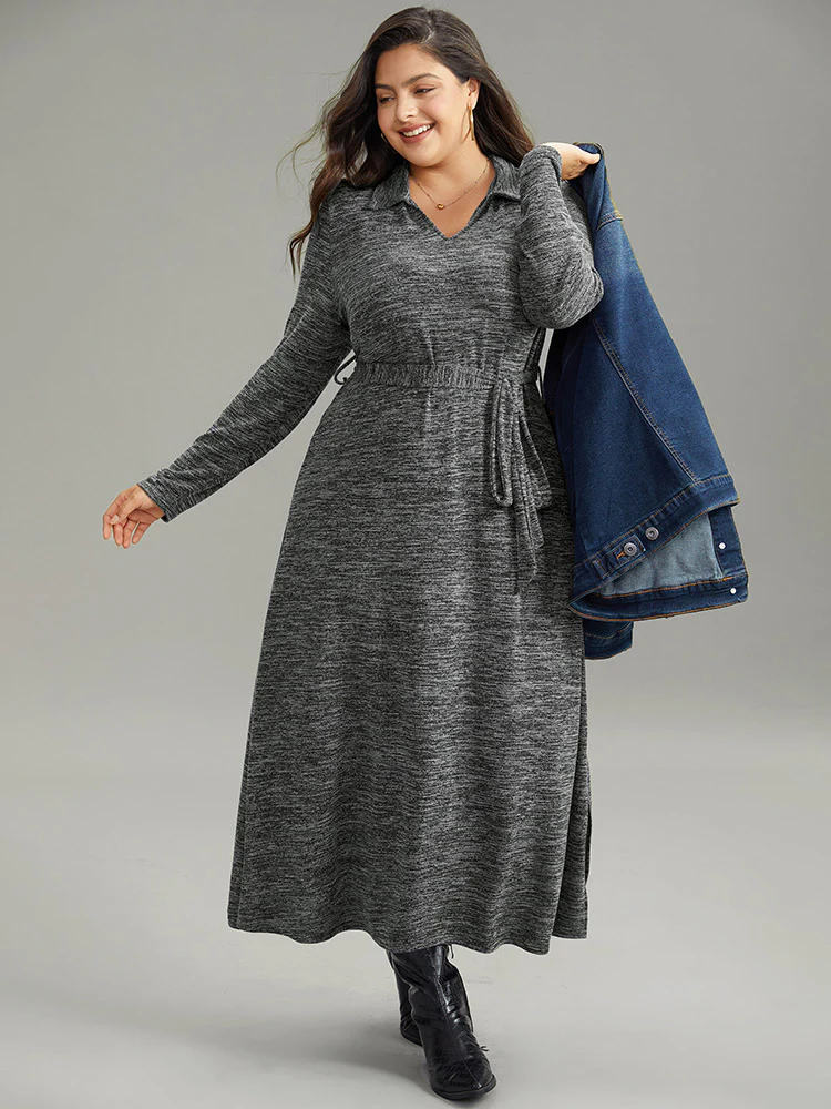 Solid Pocket Elastic Waist Ties Split Hem Dress - Image 5