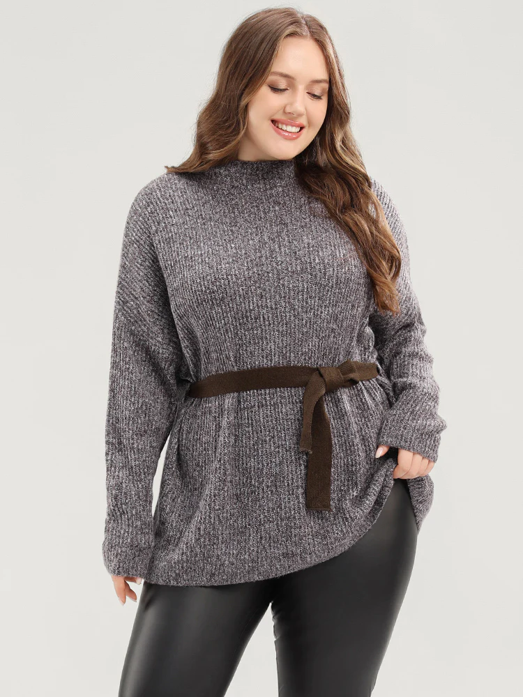 Solid Pointelle Knit Mock Neck Belted Heather Knit Top - Image 3