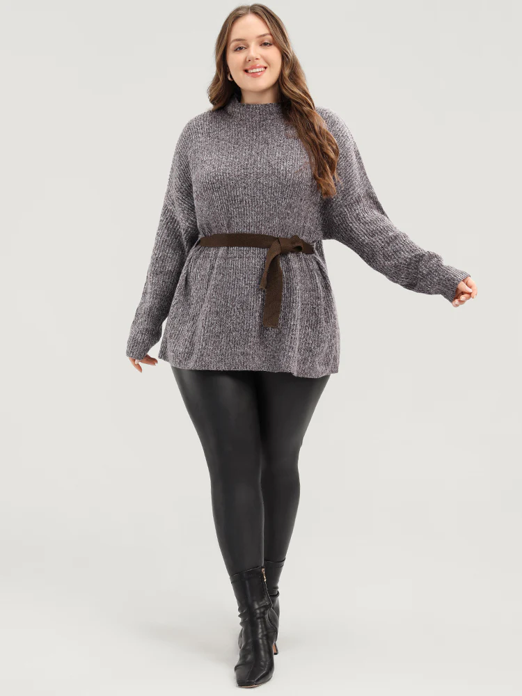 Solid Pointelle Knit Mock Neck Belted Heather Knit Top - Image 4