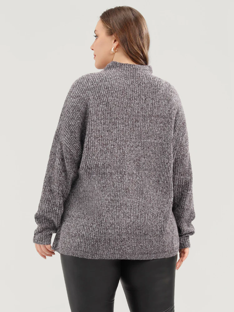 Solid Pointelle Knit Mock Neck Belted Heather Knit Top - Image 5