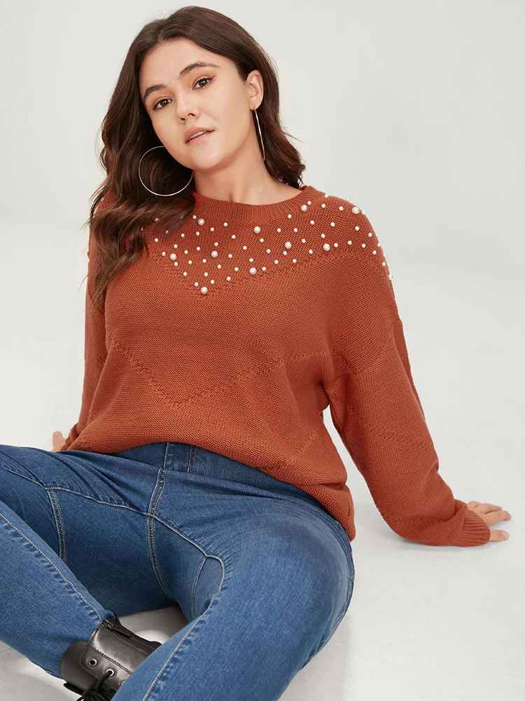 Solid Pointelle Knit Pearls Beaded Knit Top - Image 3