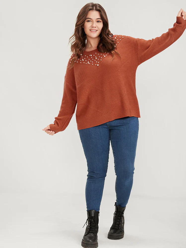 Solid Pointelle Knit Pearls Beaded Knit Top - Image 4