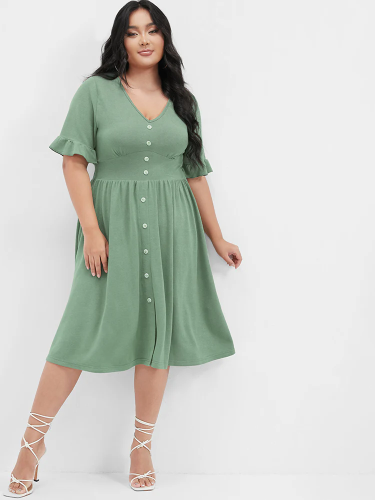 Solid Shirred Ruffles Button V Neck Midi Dress - Image 3