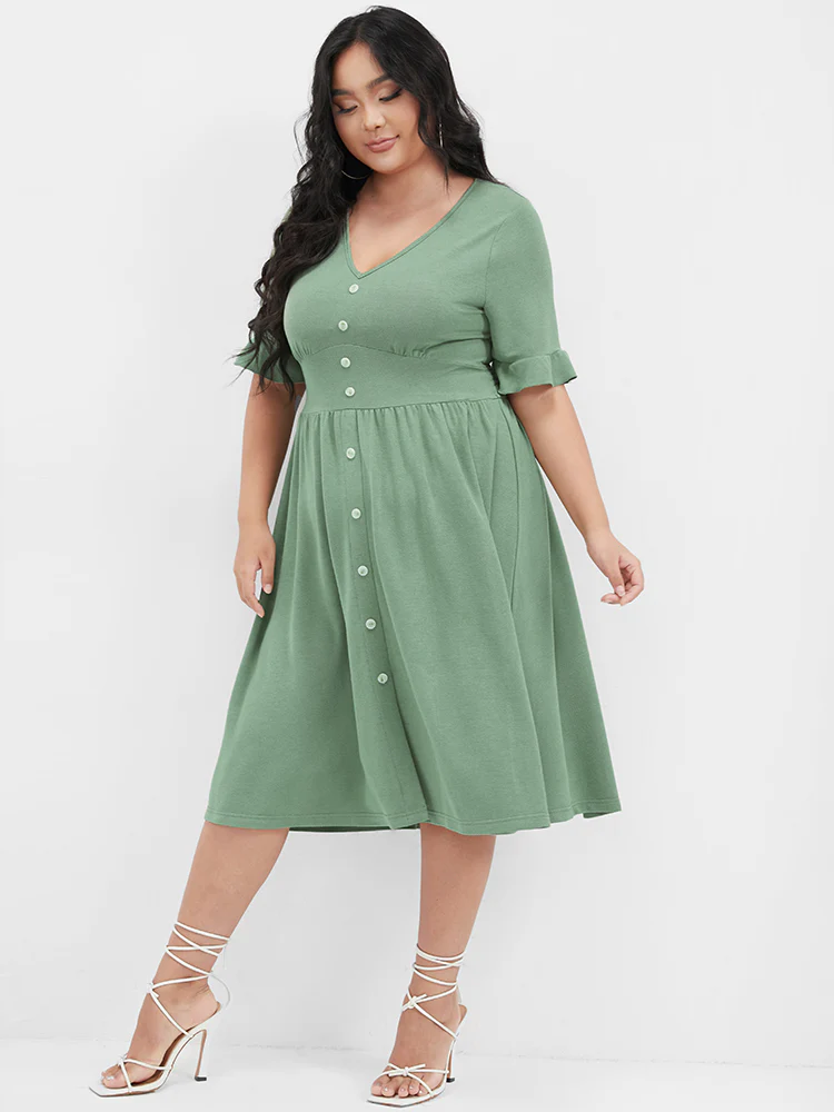 Solid Shirred Ruffles Button V Neck Midi Dress - Image 4