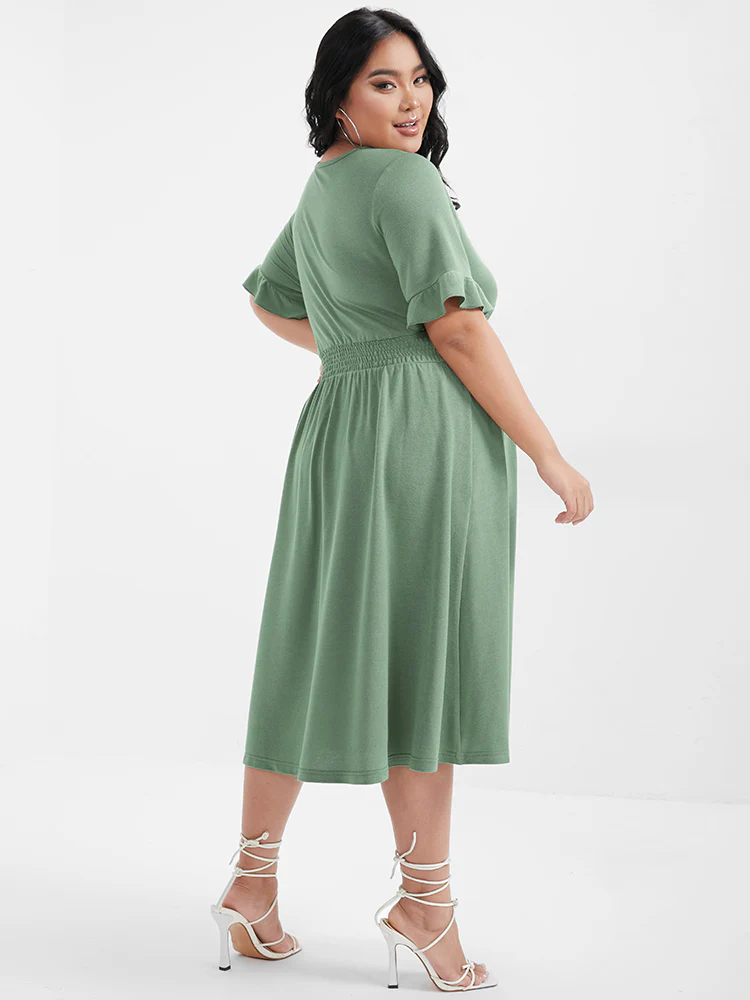 Solid Shirred Ruffles Button V Neck Midi Dress - Image 5