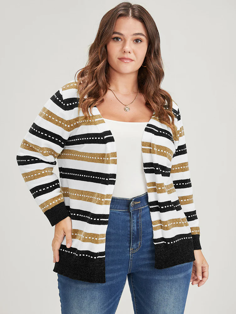 Striped Contrast Pointelle Knit Jacquard Open Front Cardigan - Image 3