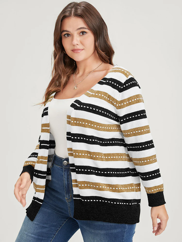 Striped Contrast Pointelle Knit Jacquard Open Front Cardigan - Image 4