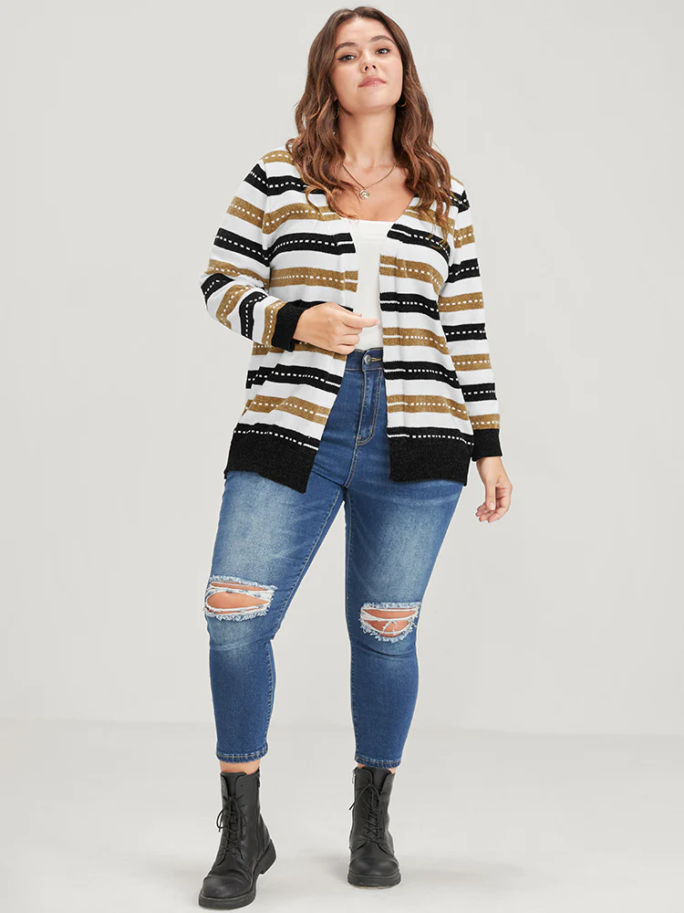 Striped Contrast Pointelle Knit Jacquard Open Front Cardigan - Image 5