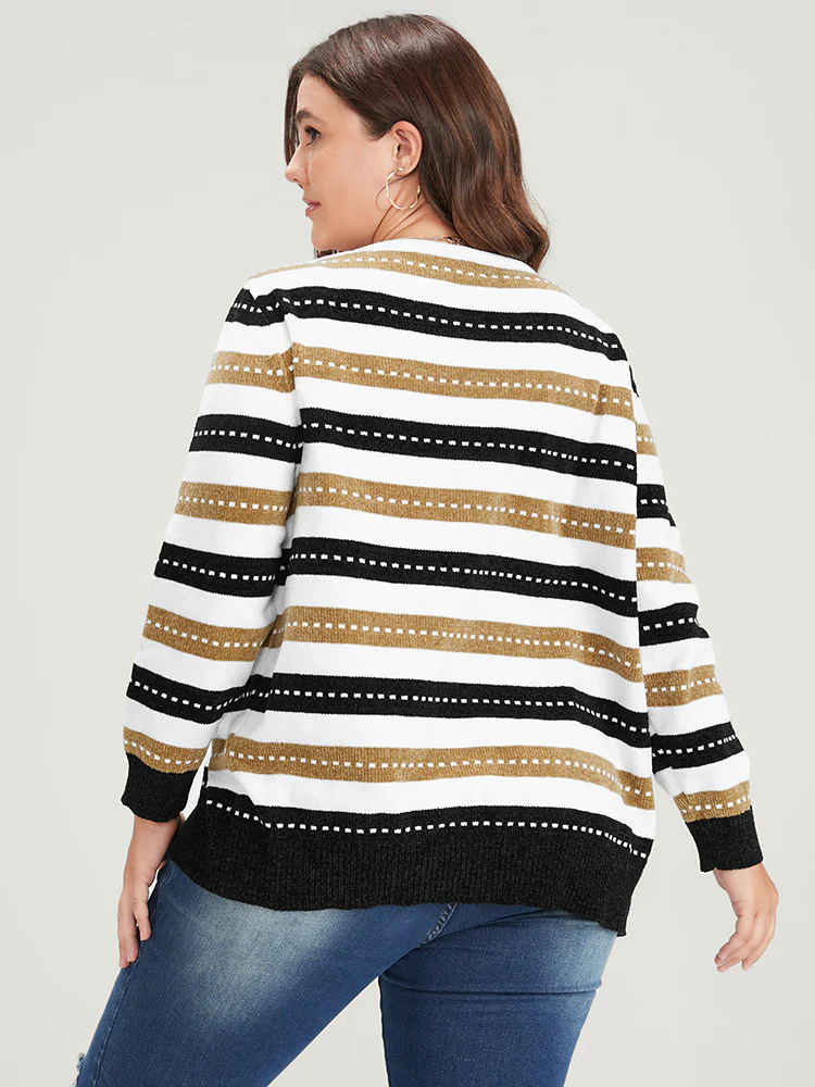 Striped Contrast Pointelle Knit Jacquard Open Front Cardigan - Image 6