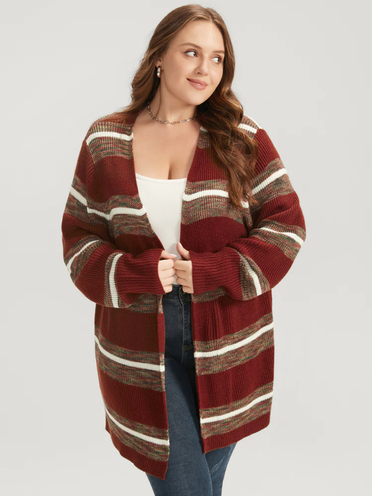Striped Contrast Pointelle Knit Open Front Heather Cardigan - Image 3