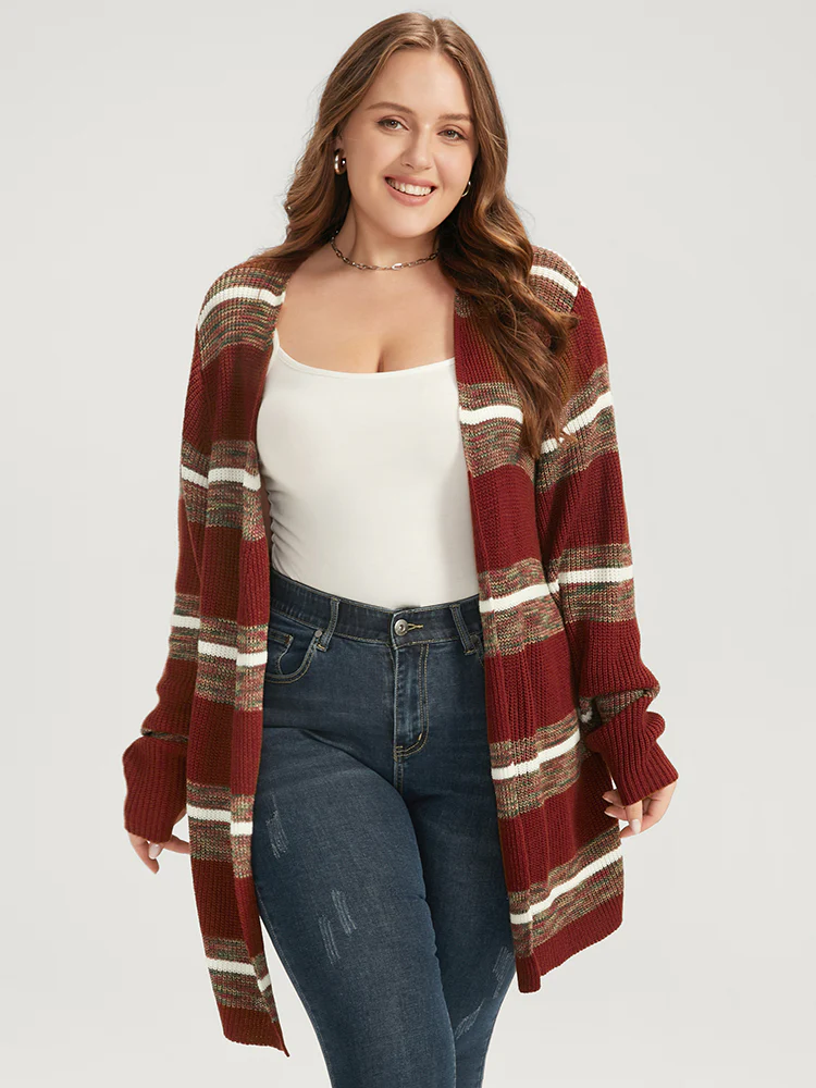 Striped Contrast Pointelle Knit Open Front Heather Cardigan - Image 4