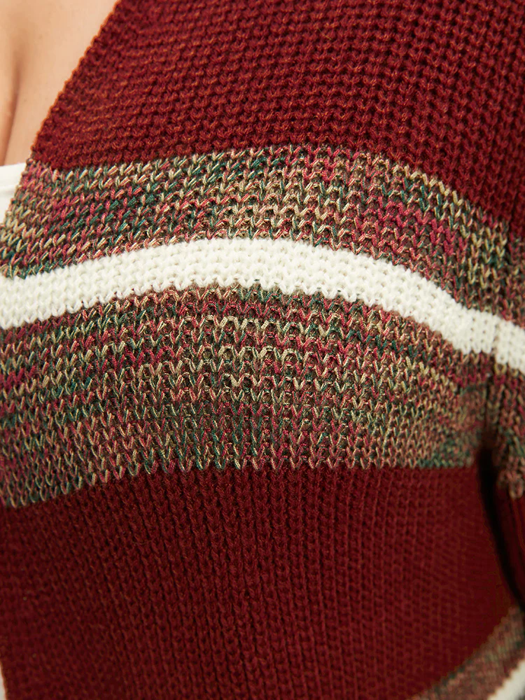 Striped Contrast Pointelle Knit Open Front Heather Cardigan - Image 5