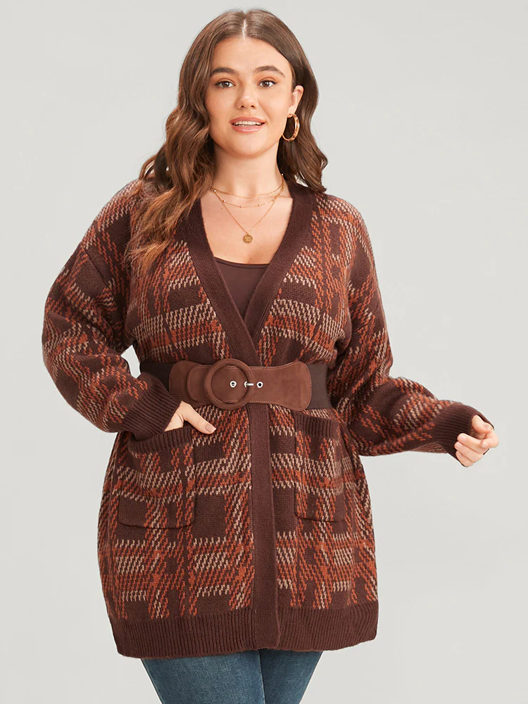 Tartan Contrast Pointelle Knit Pocket Open Front Cardigan - Image 4