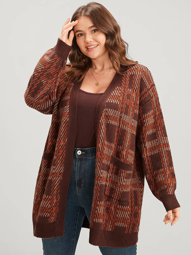Tartan Contrast Pointelle Knit Pocket Open Front Cardigan - Image 5