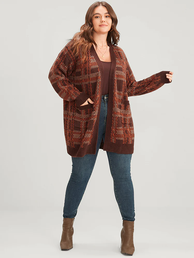 Tartan Contrast Pointelle Knit Pocket Open Front Cardigan - Image 6