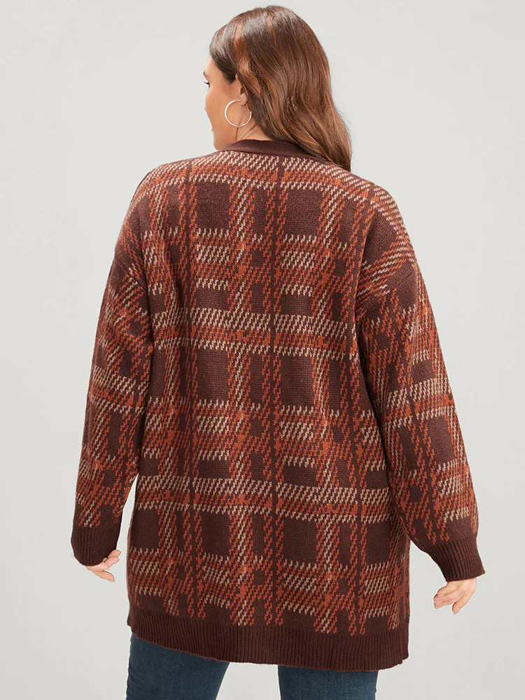 Tartan Contrast Pointelle Knit Pocket Open Front Cardigan - Image 7